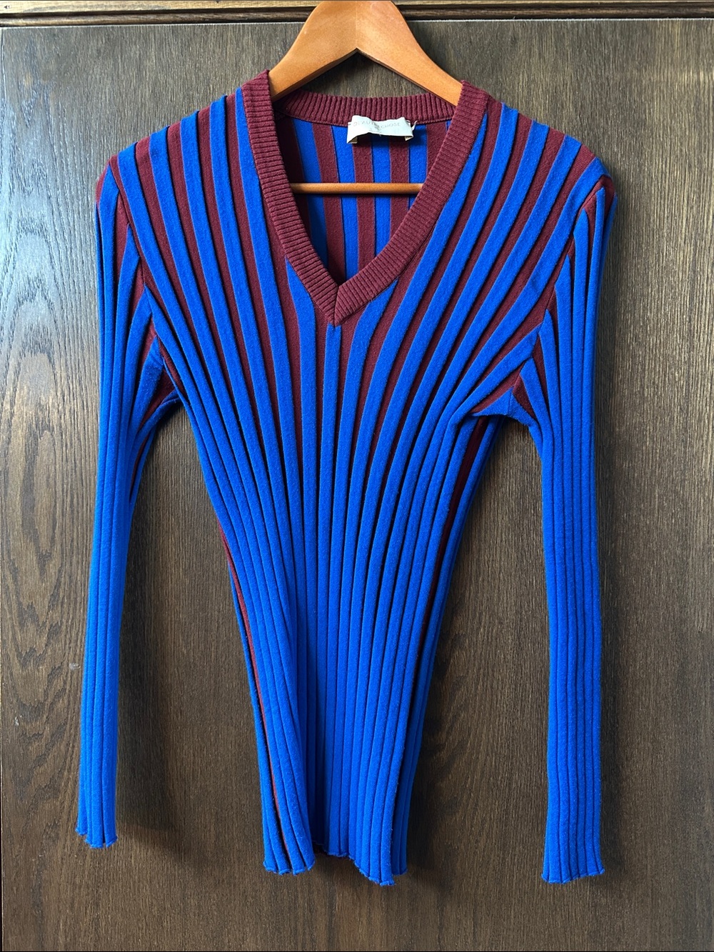 Ribbed V-Neck Long Sleeve Sweater in Blue and Burgundy